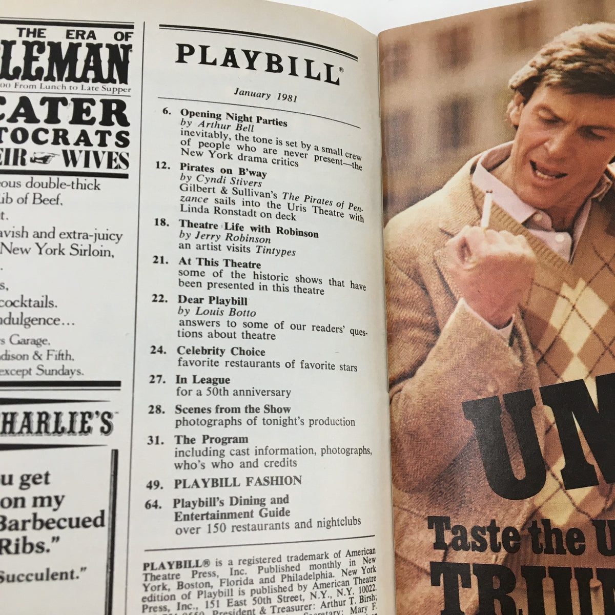 Interior page from the January 1981 Playbill for The Elephant Man, showcasing various sections within the program including opening night parties and cast information.