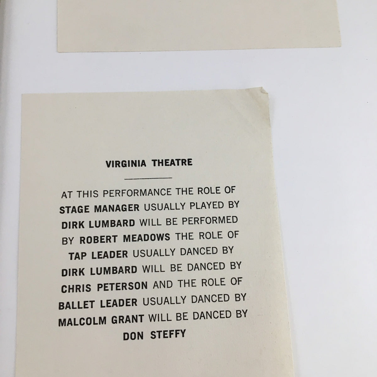 Interior page from the 1984 Playbill of the Virginia Theatre, detailing roles performed by Dirk Lumbard, Robert Meadows, Chris Peterson, and others in Rodgers & Hart's On Your Toes.