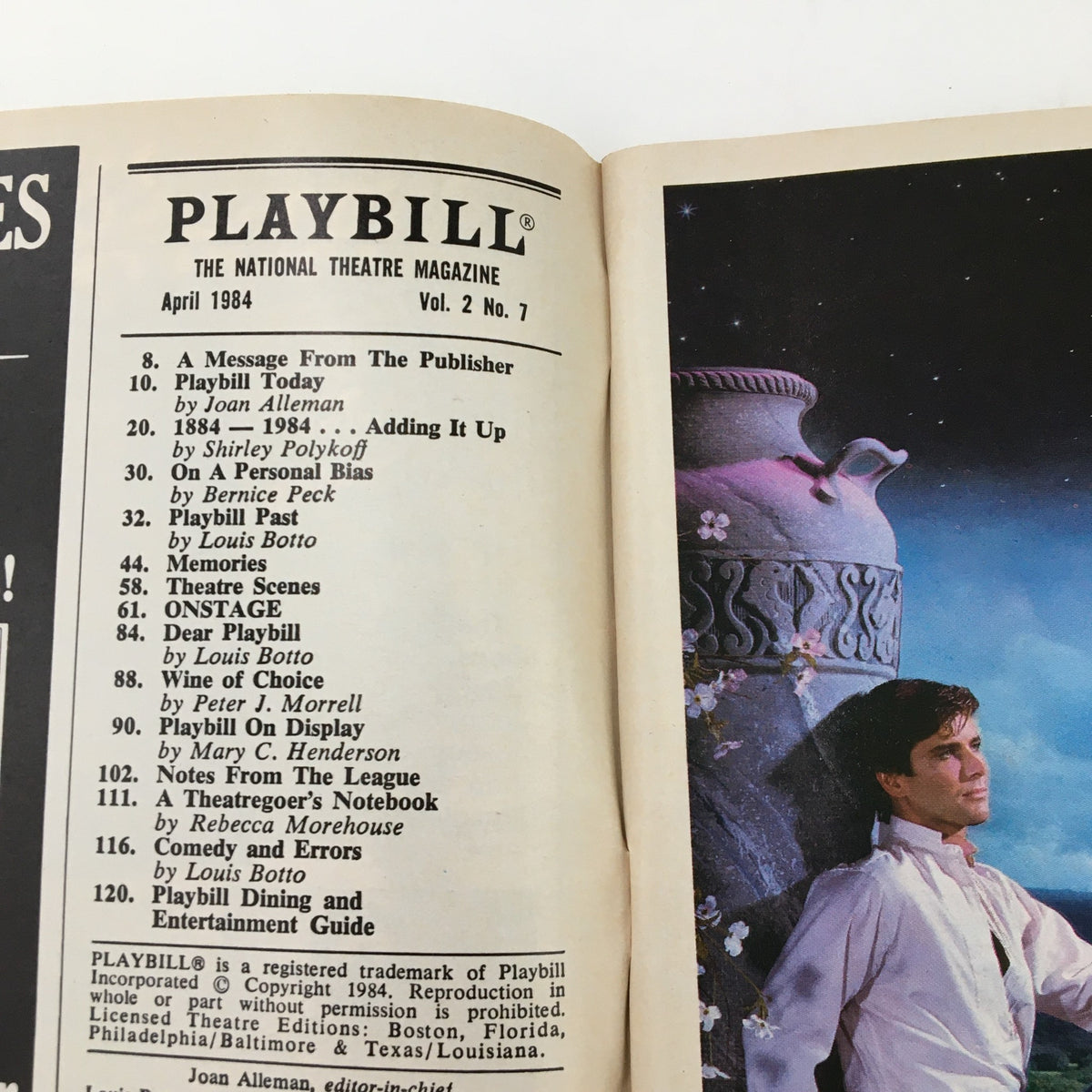April 1984 issue of Playbill magazine, includes contents overview and features related to the Virginia Theatre, celebrating Lara Teeter in Rodgers & Hart's On Your Toes.