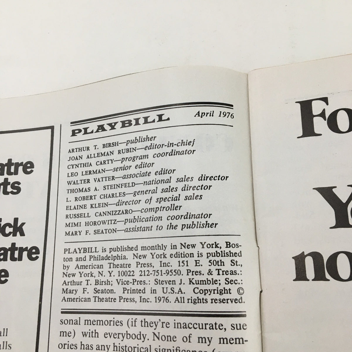 Inside page of the 1976 Playbill from Biltmore Theatre showcasing credits and editorial details.