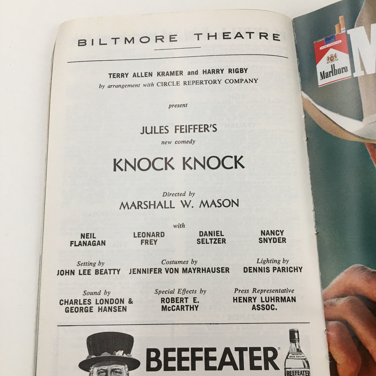 Cover page of the 1976 Playbill from Biltmore Theatre featuring Jules Feiffer's new comedy Knock Knock.