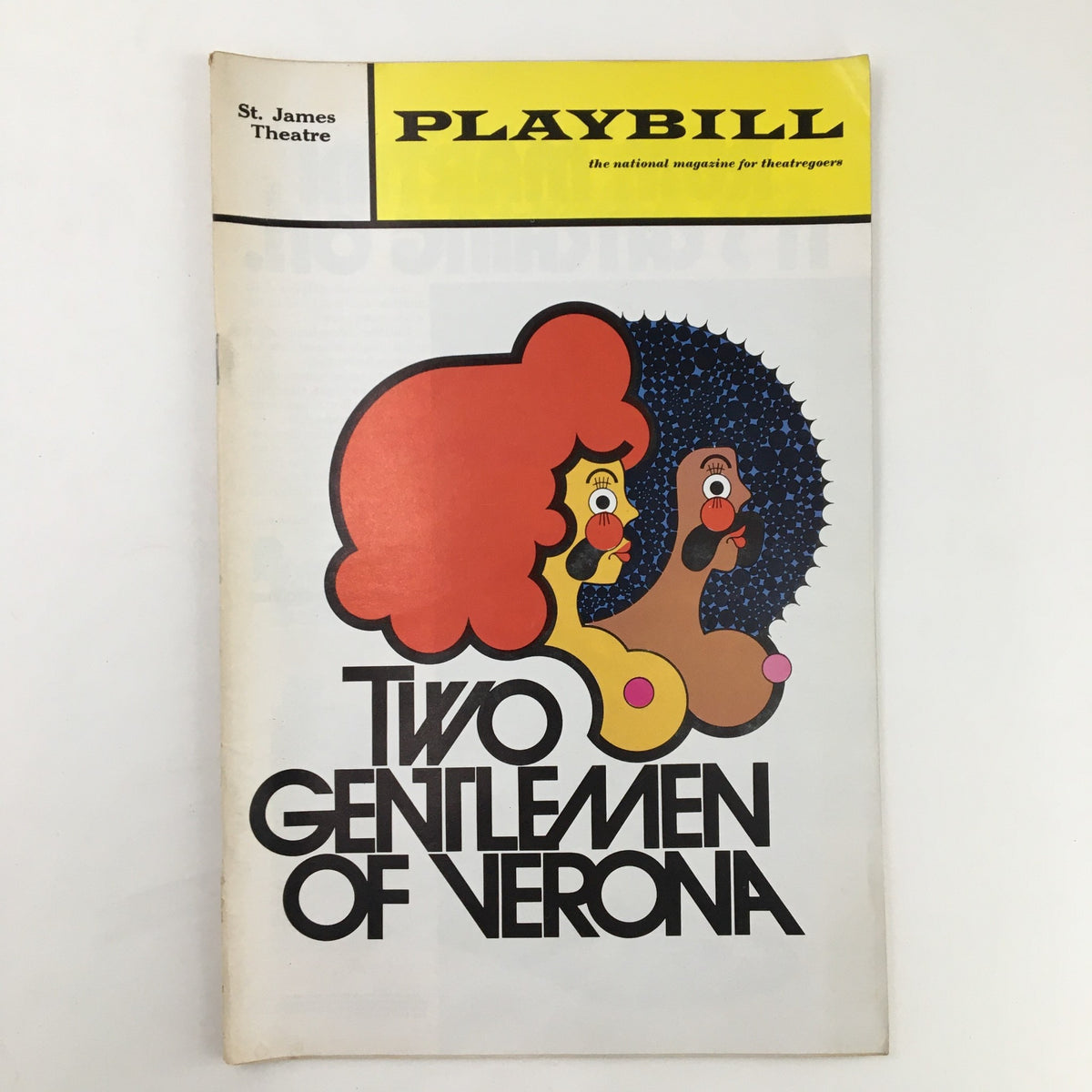 Cover of the 1972 Playbill from St. James Theater featuring Joseph Papp's Two Gentlemen of Nerona, showcasing colorful artwork and bold typography.
