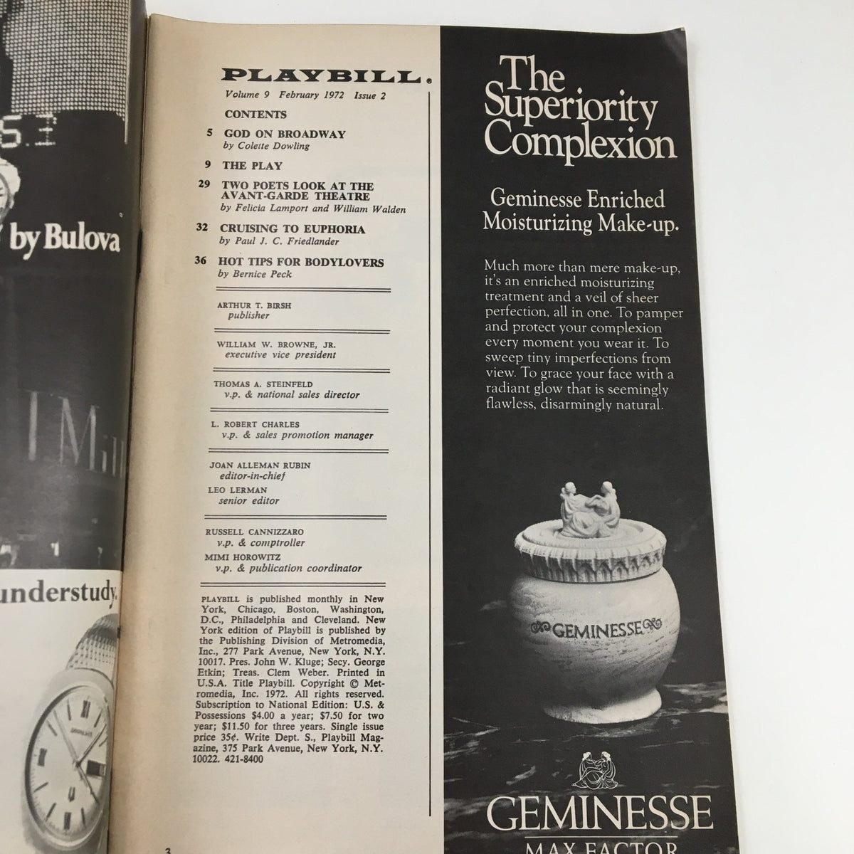 Inside page of the 1972 Playbill from St. James Theater for Joseph Papp's Two Gentlemen of Nerona, displaying the table of contents and advertisements.