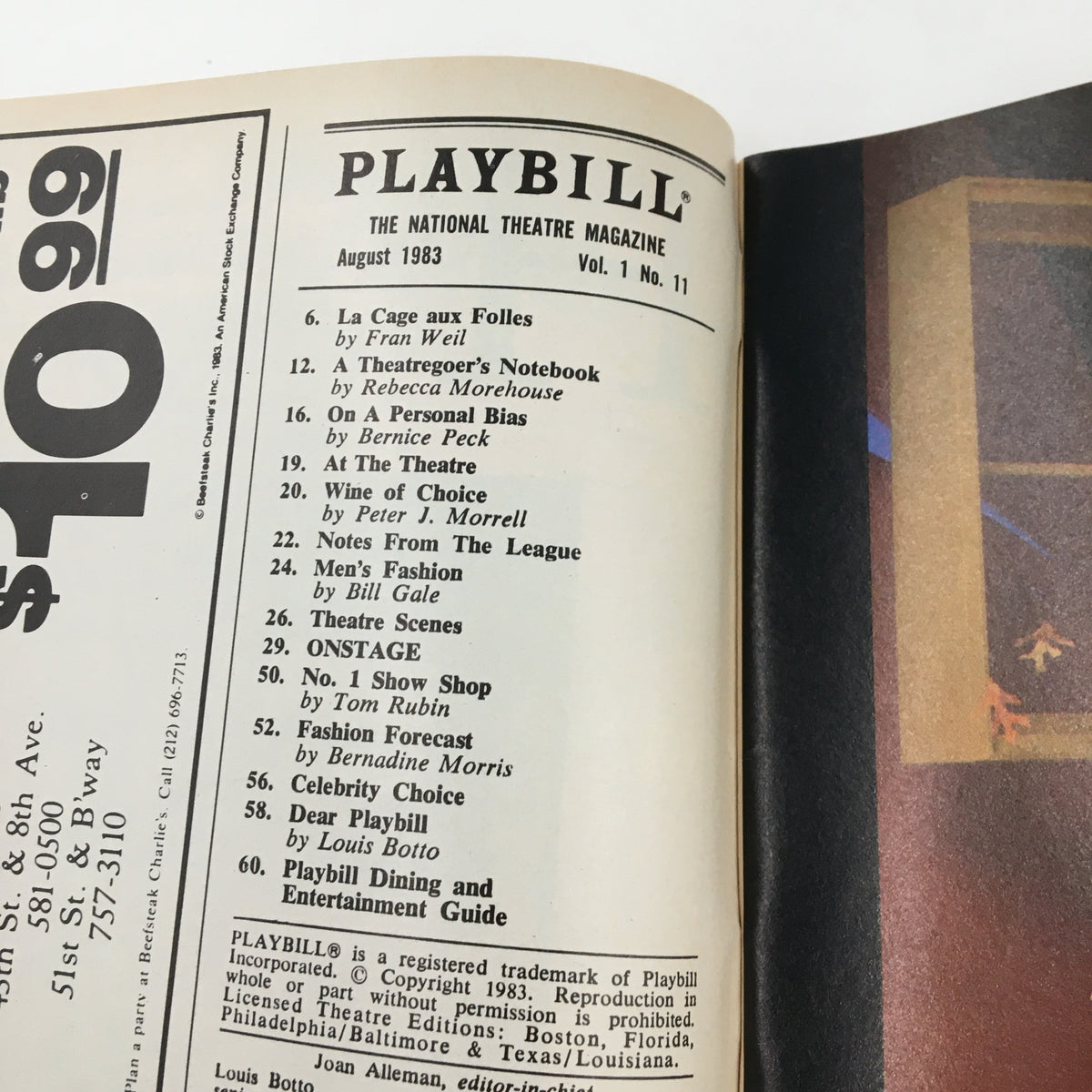 Interior view of the August 1983 Playbill showing the table of contents for Neil Simon's Brighton Beach Memoirs and other featured shows.