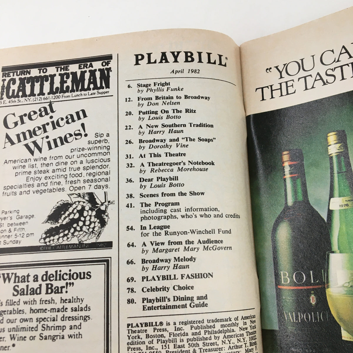 Interior page of the 1982 Playbill for 'The Dresser' listing the program details, including the cast and contributions.