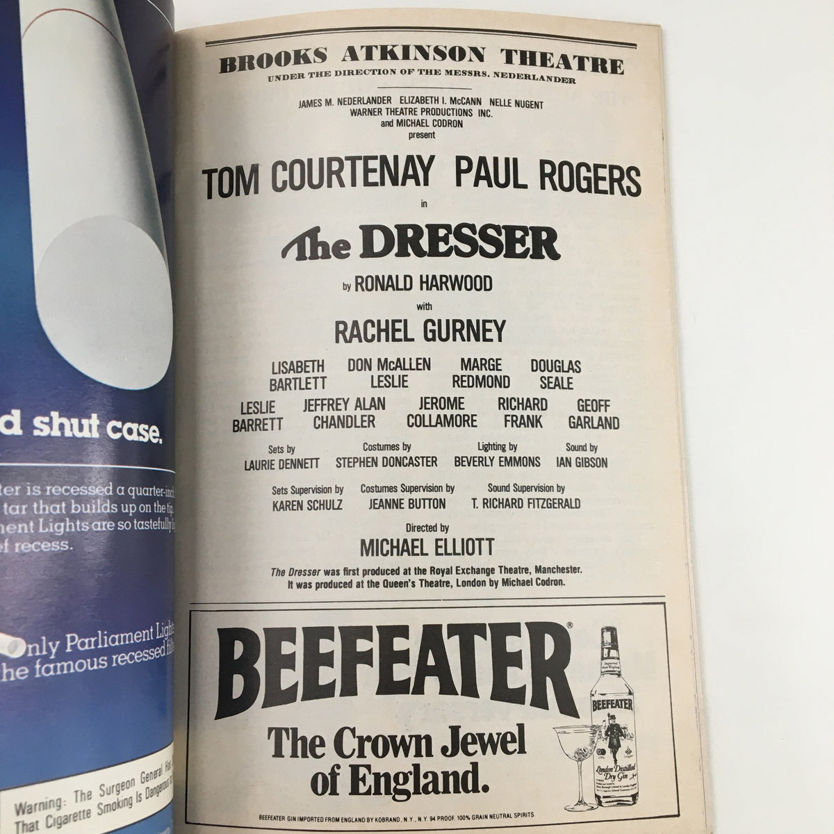 Credits page of the 1982 Playbill for 'The Dresser' featuring cast members Tom Courtenay and Paul Rogers along with production details.