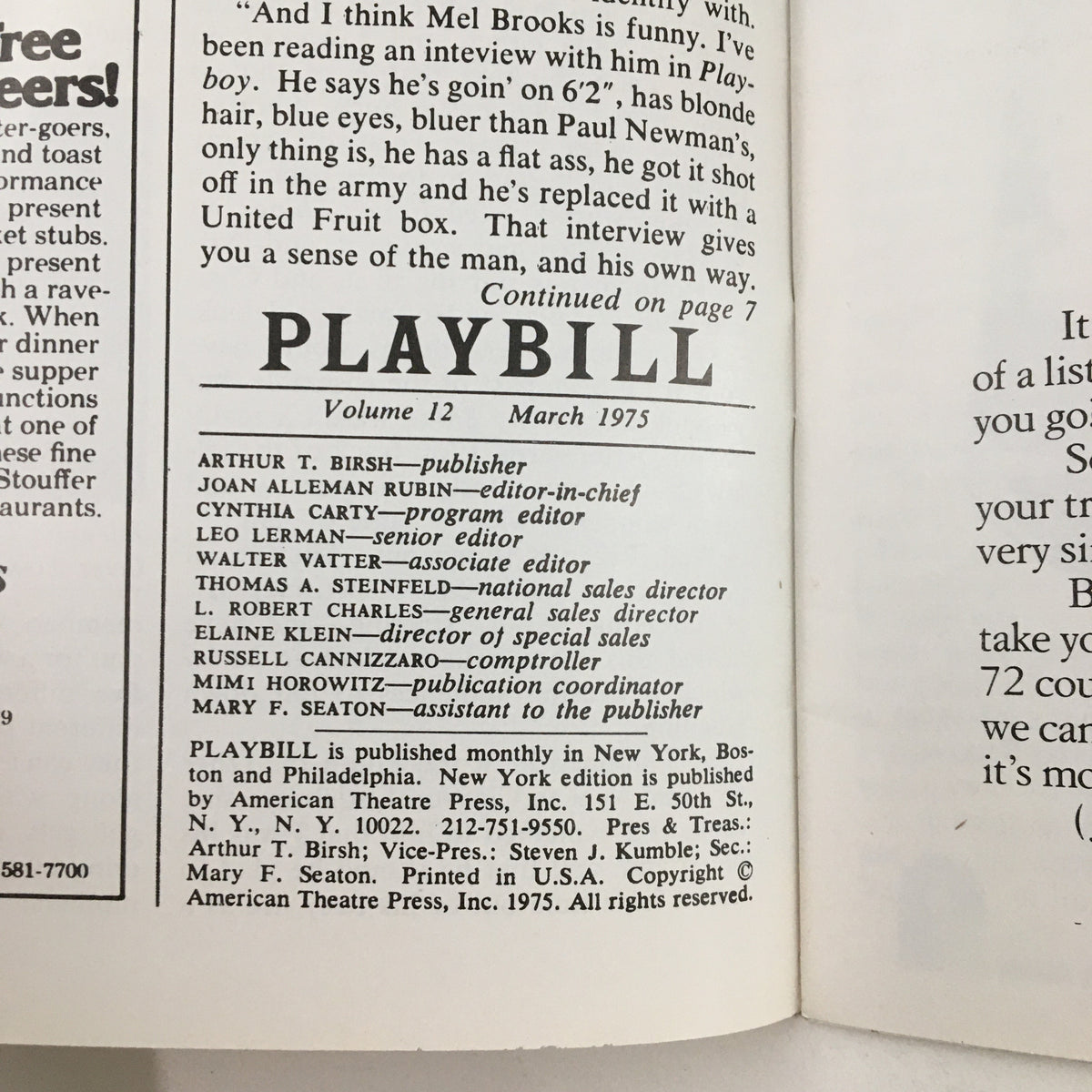 Interior view of a 1975 Playbill, featuring information about the production at The Booth Theatre including contributors and historical context.