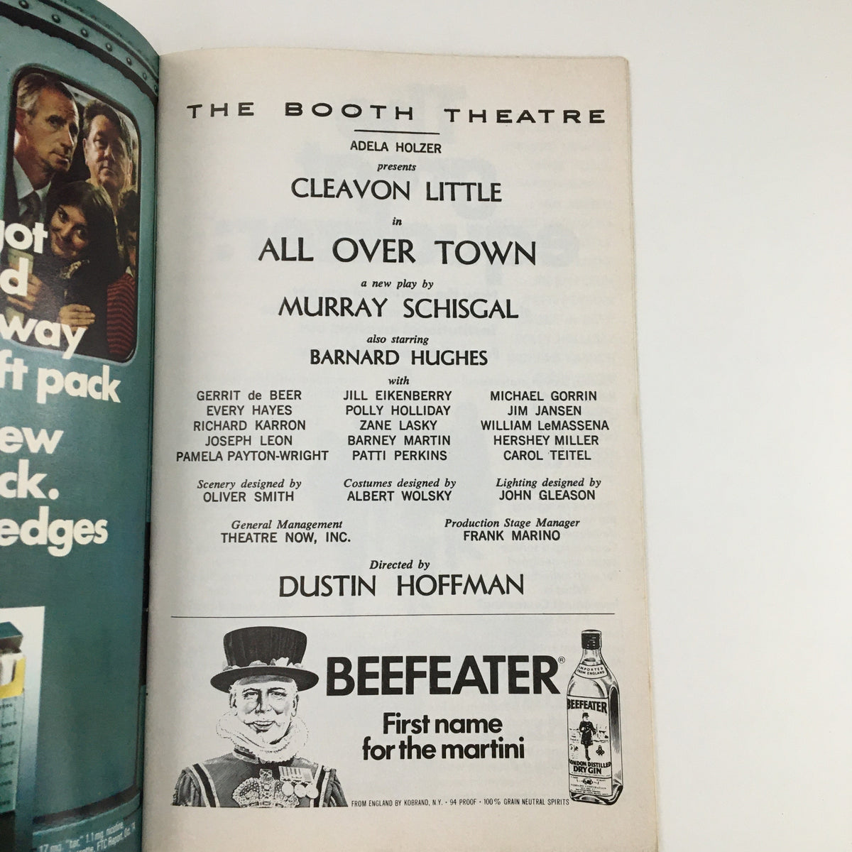 1975 Playbill from The Booth Theatre highlighting Cleavon Little in All Over Town, with credits and notable cast details, including a mention of Dustin Hoffman.