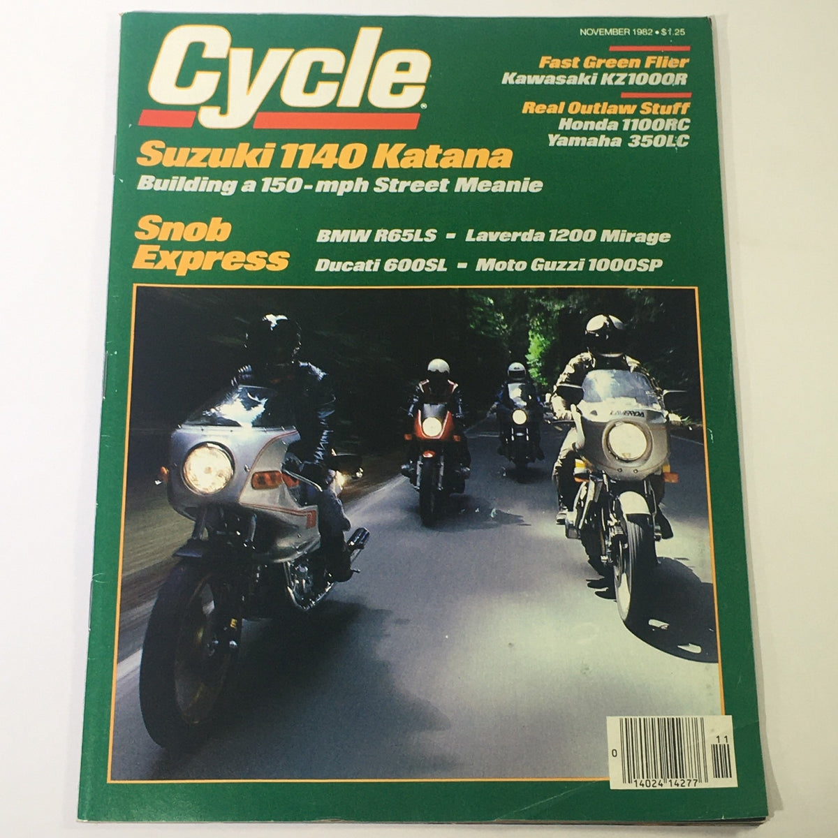 VTG Cycle Magazine November 1982 featuring Suzuki 1140 Katana on the cover, showcasing a group of motorcycles riding on a scenic road, along with articles on Laverda 1200 Mirage and other iconic bikes from the era.