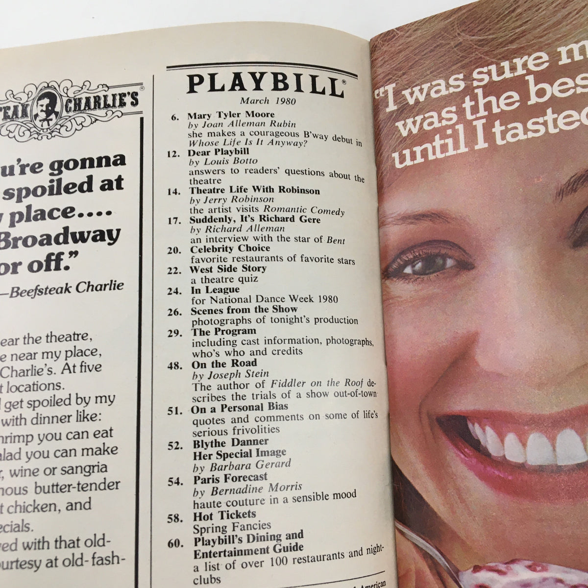 Inside page of the 1980 Playbill for Rodgers and Hammerstein's Oklahoma, showing contents and features of the magazine.