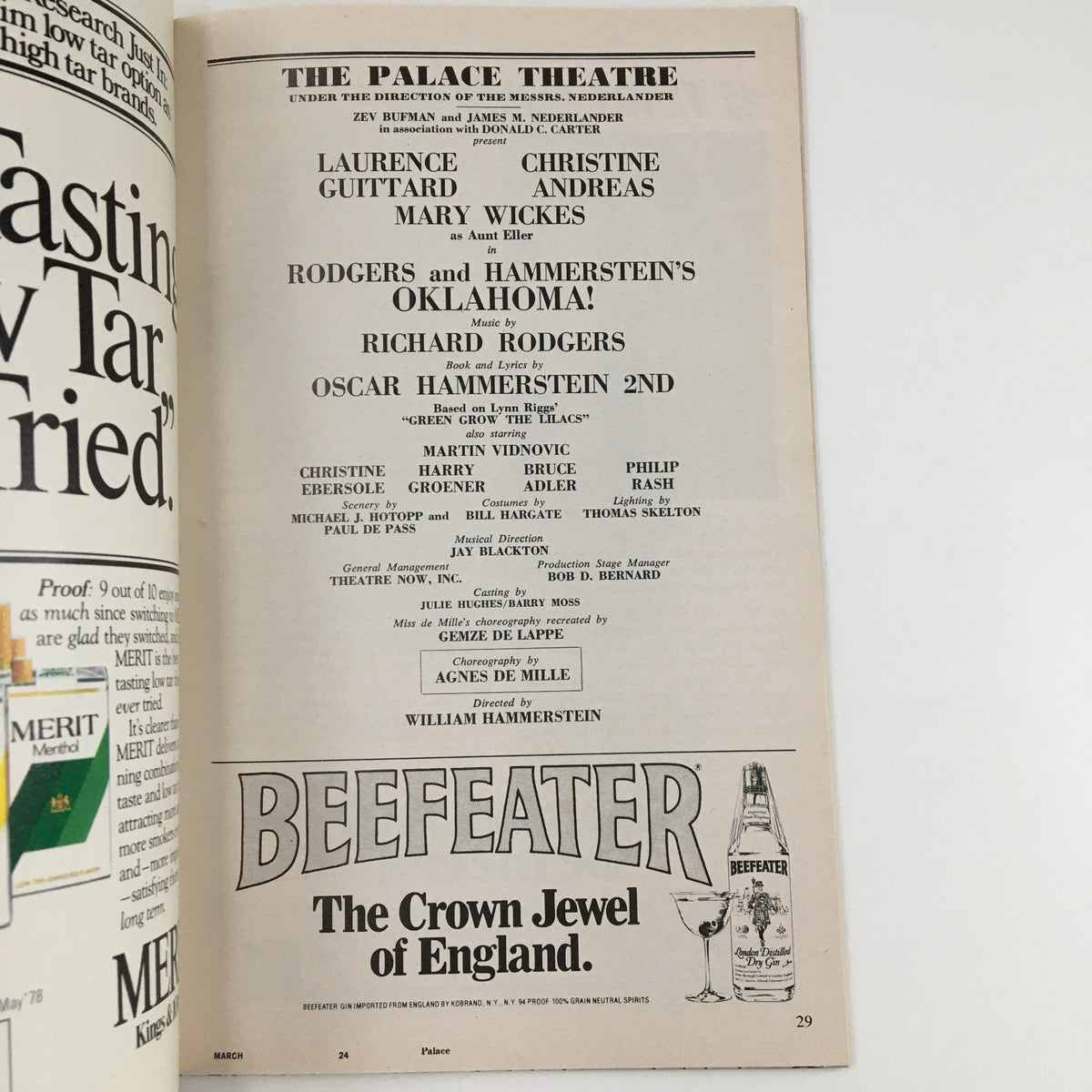 Details from the 1980 Playbill for Rodgers and Hammerstein's Oklahoma, including cast information and advertisements.