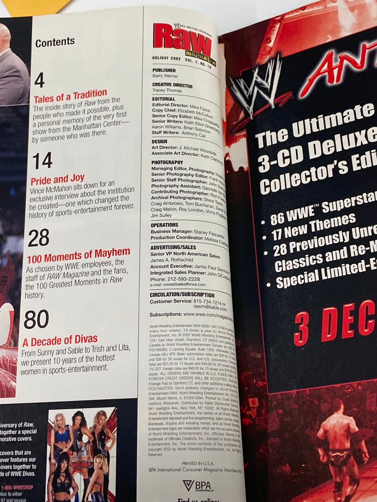Contents page of WWE Raw Magazine Holiday 2002 featuring The Undertaker and Vince McMahon, showcasing articles and features included in this collectible issue.