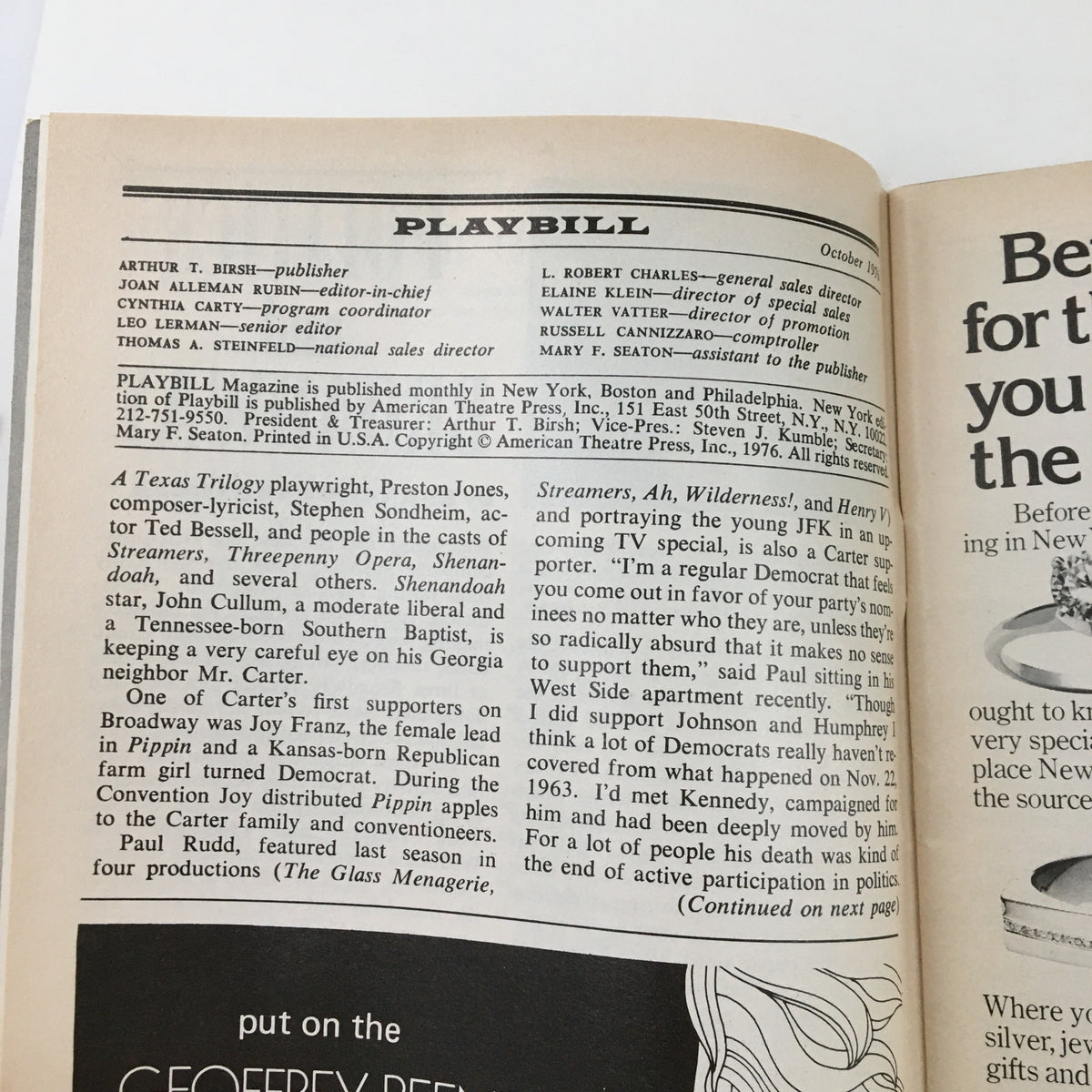 Inside the 1976 Playbill for 'Days in the Trees' showing the publication details and additional content related to theater.