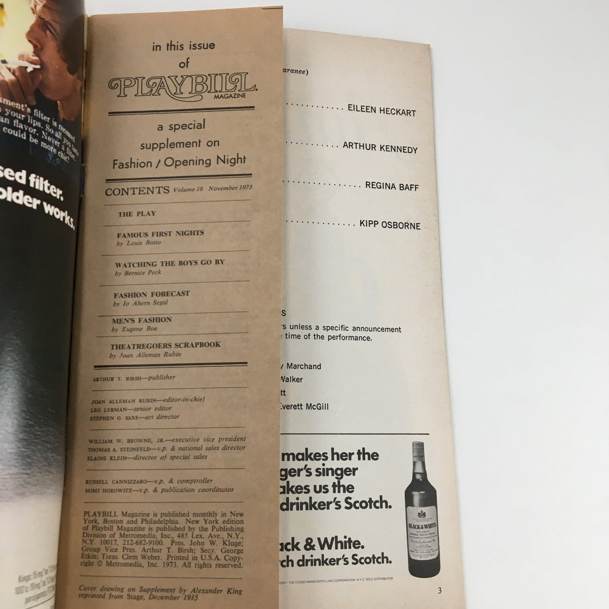 Another inside page of the 1973 Playbill for Veronica's Room, listing additional content and advertisements from the issue.