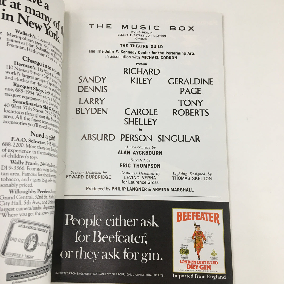 1974 Playbill for Absurd Person Singular with cast credits and production details presented by The Music Box Theatre.