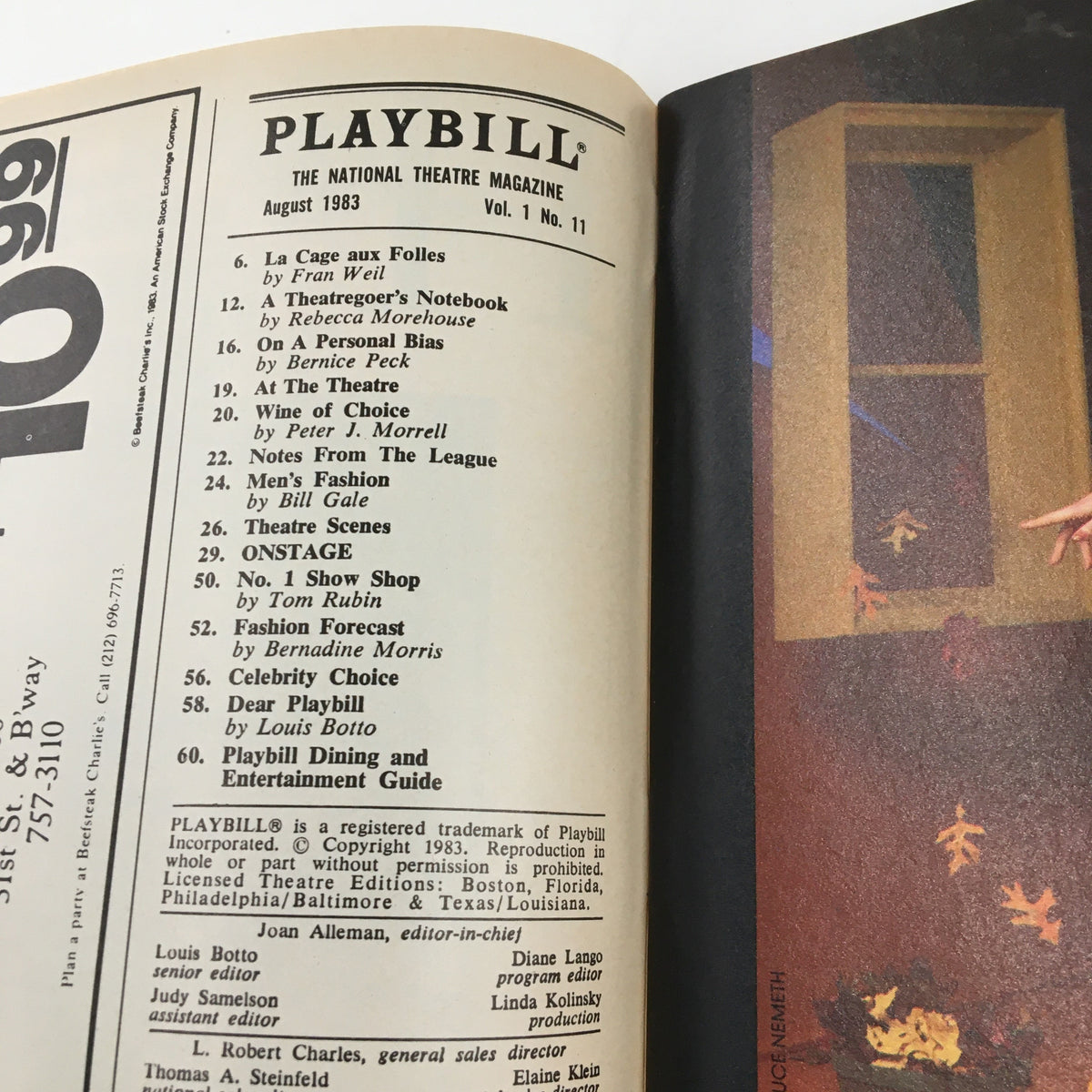 Image of the inside cover of the 1983 Playbill for Brighton Beach Memoirs, showcasing the contents and list of advertisements from the Neil Simon Theatre.
