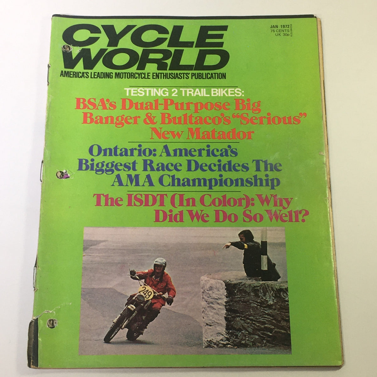 Cycle World Magazine January 1972, featuring the BSA Dual Purpose Big Banger and Bultaco, showcasing the magazine's cover design in vibrant colors.