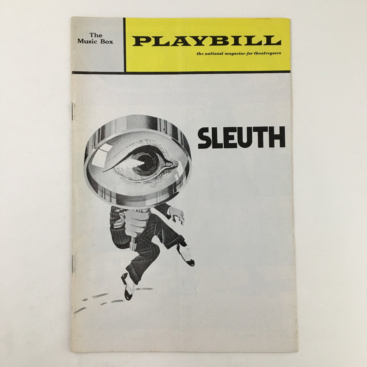 1970 Playbill for 'Sleuth' featuring Anthony Quayle, showcasing an artistic cover with a magnifying glass and the title 'SLEUTH' prominently displayed.