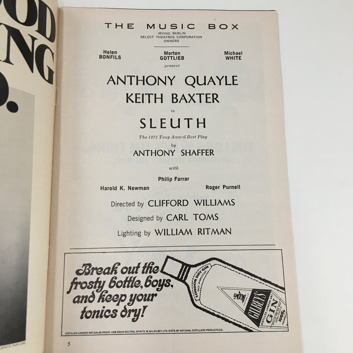 Interior page of the 1970 Playbill for 'Sleuth,' listing cast members including Anthony Quayle and detailing the production's directing and design credits.