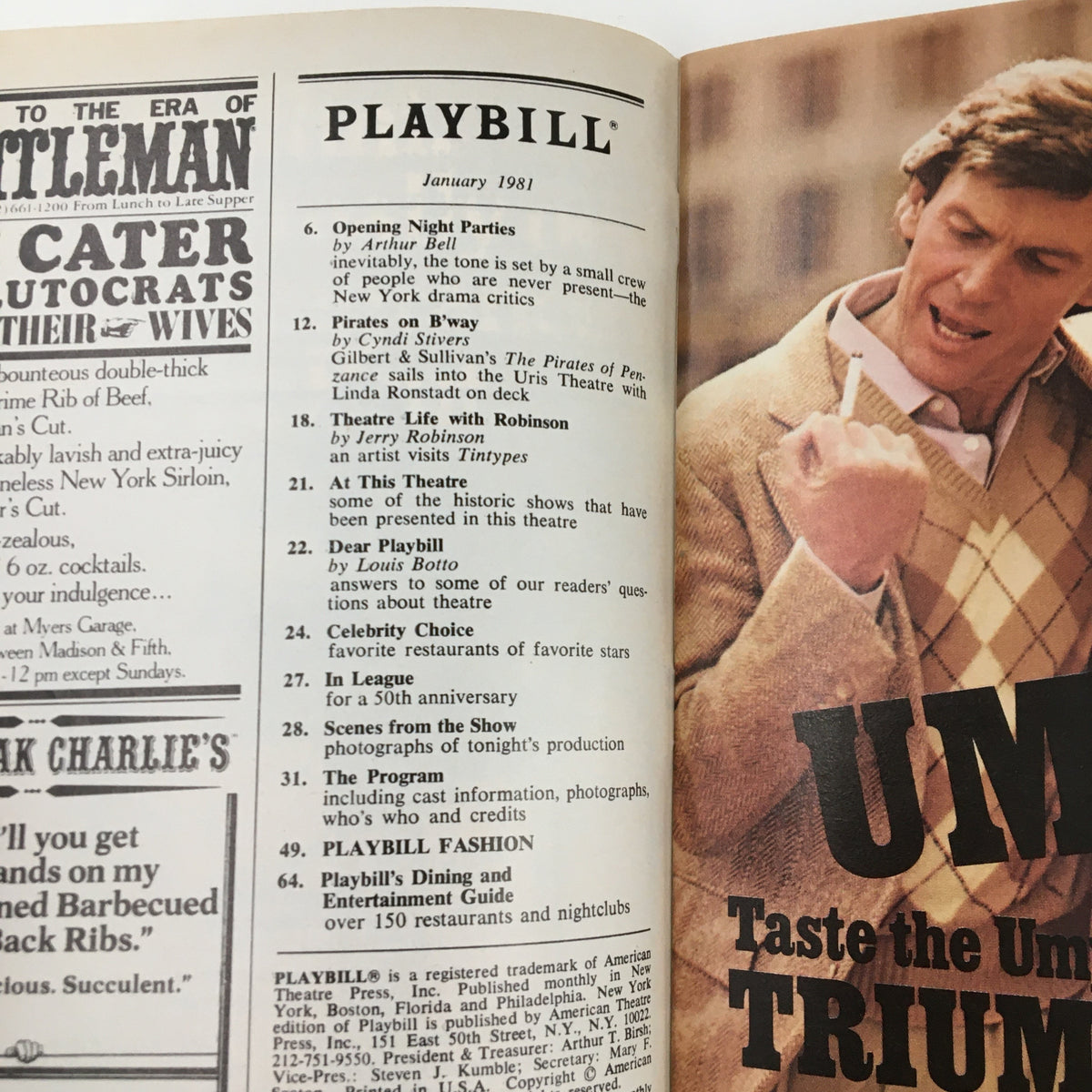 Inside page of the January 1981 Playbill for The Elephant Man, showing theater-related content and advertisements, reflecting the period's theatrical culture.