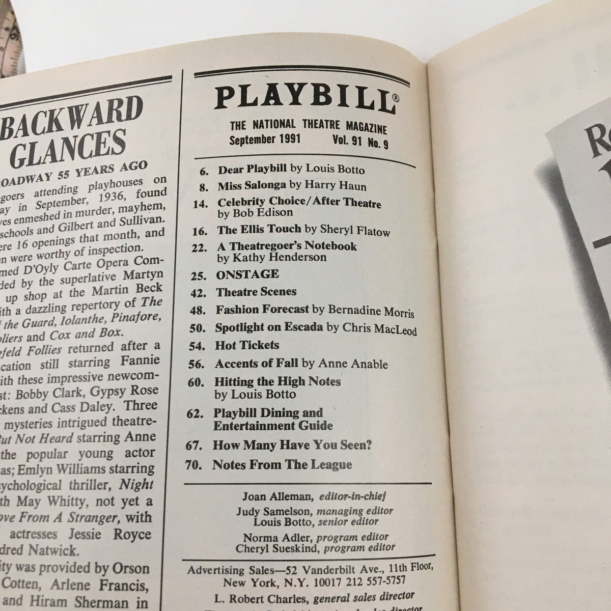 Inside page of the 1991 Playbill for On Borrowed Time by Paul Osborn, featuring articles and advertisements from the September 1991 edition.