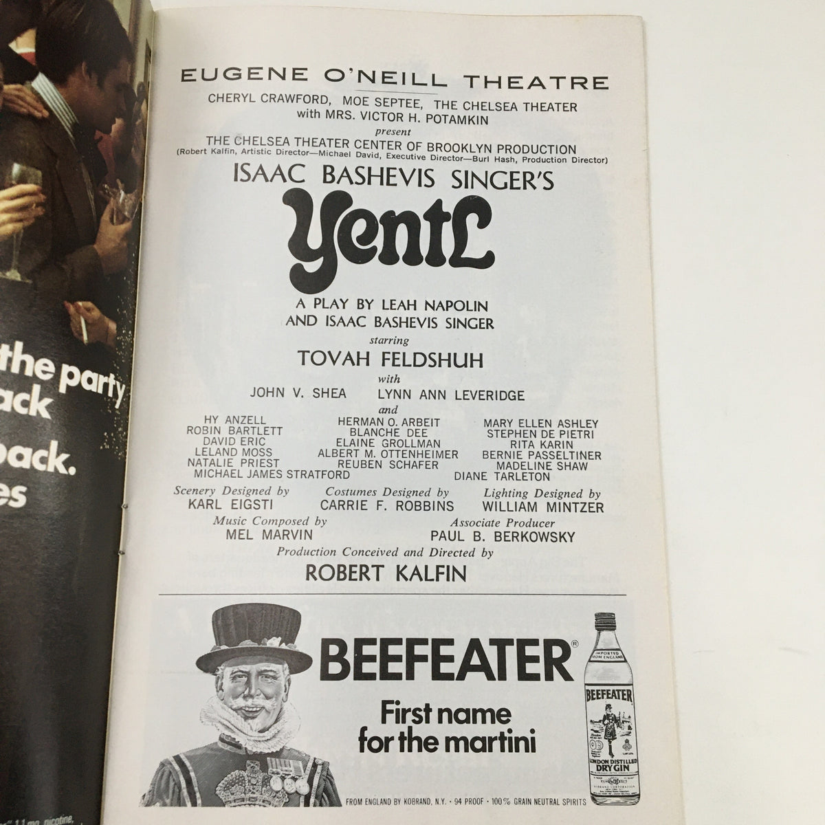 Inside page of the 1975 Playbill for Yentl featuring cast details and production credits at Eugene O'Neill Theatre.