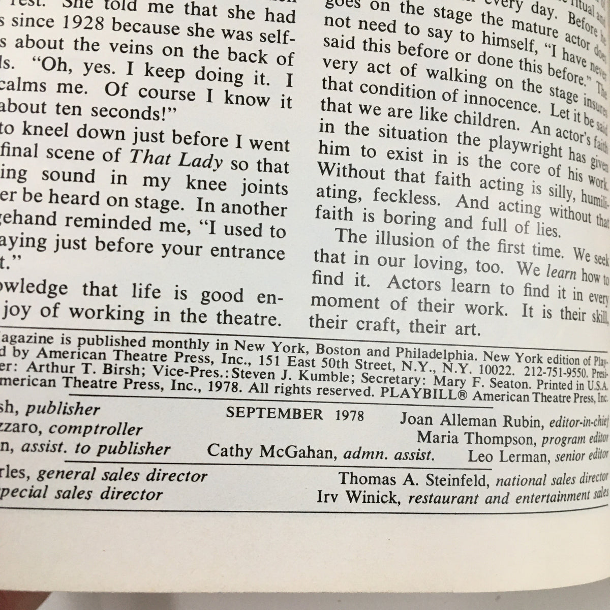 Text from the 1978 Playbill for The King and I featuring production credits and creative team details.