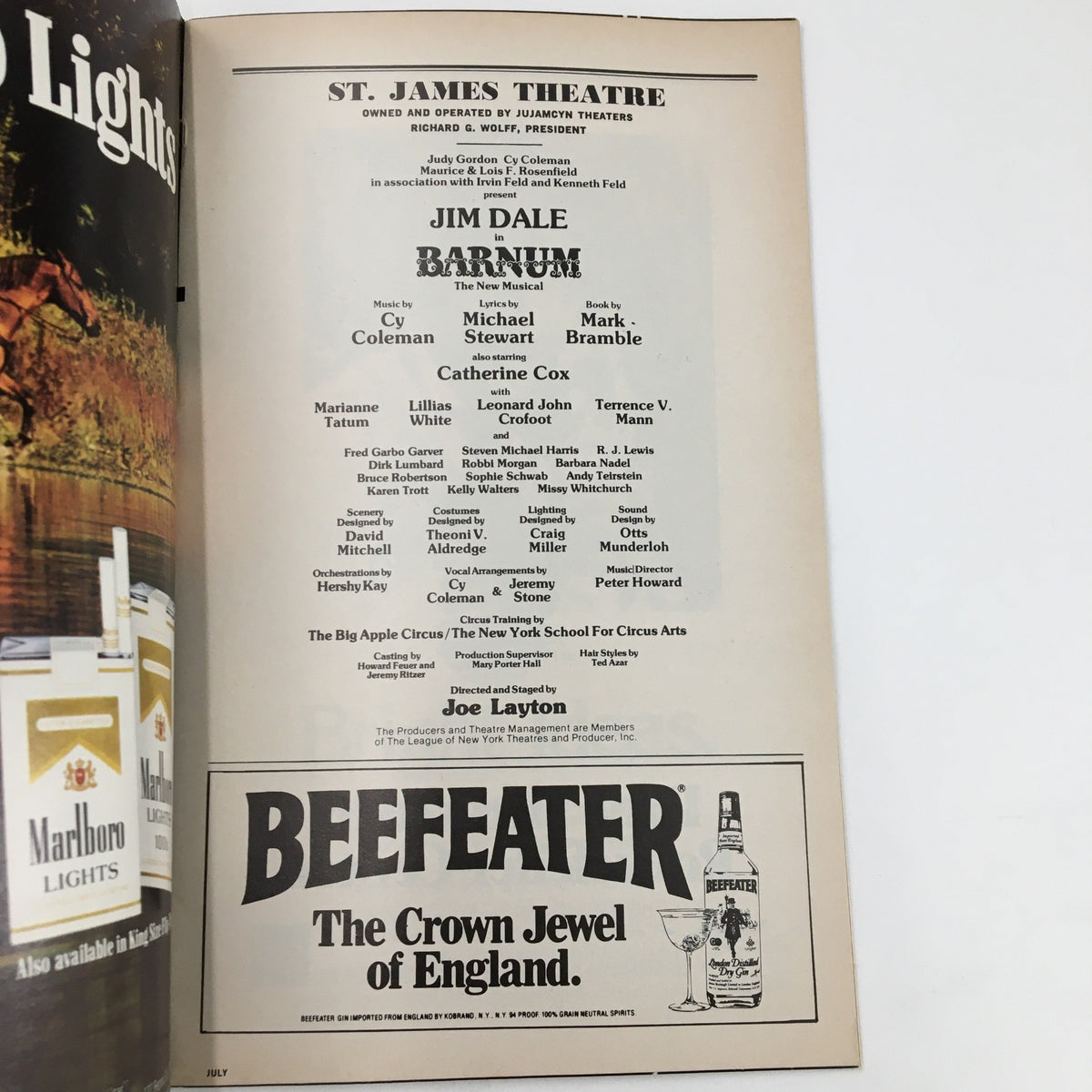 Cast listing page from the 1981 Playbill for St. James Theatre, featuring Jim Dale in Barnum, along with production details and credits.