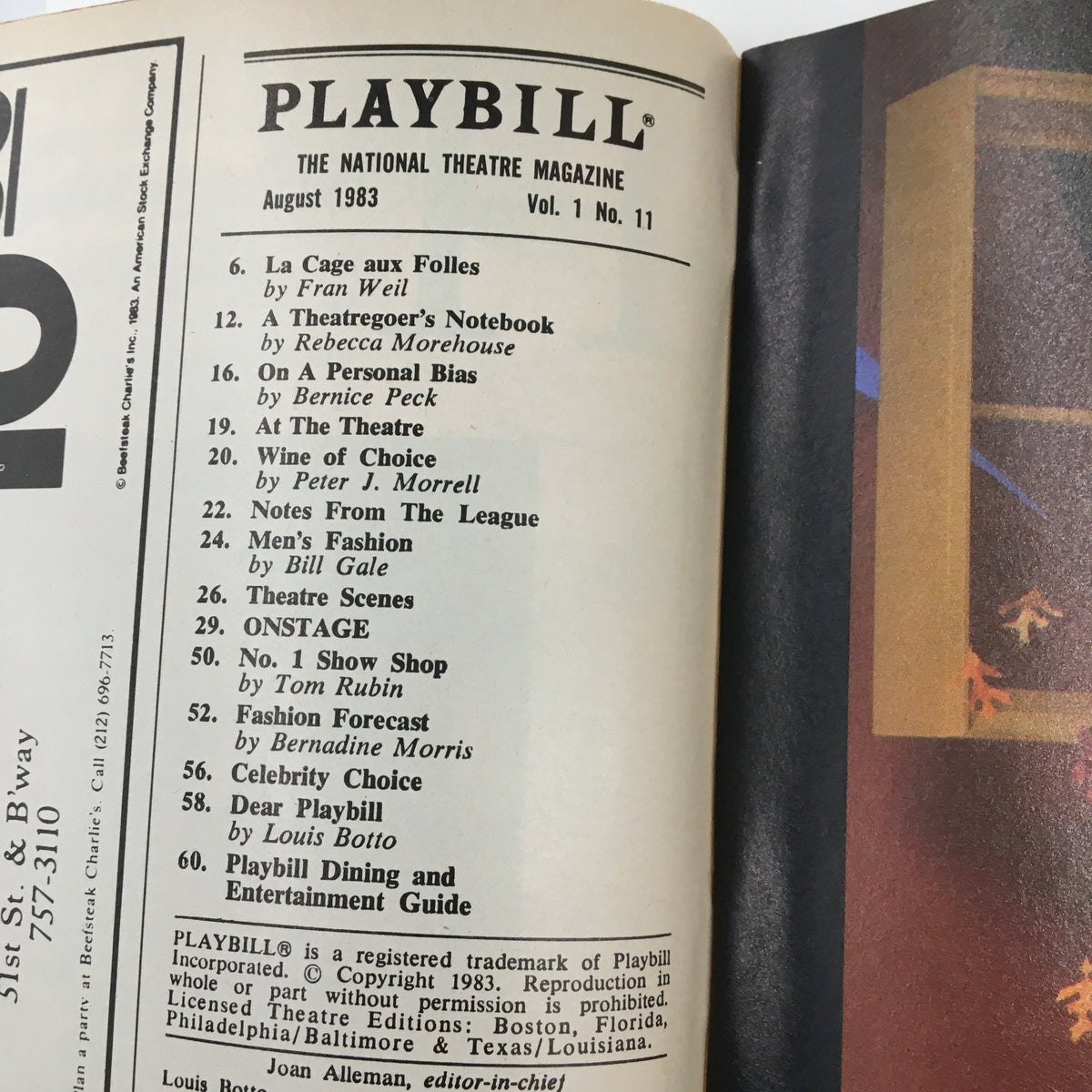 Inside page of the 1983 Playbill for Brighton Beach Memoirs, highlighting various features and articles from the August 1983 edition of The National Theatre Magazine.