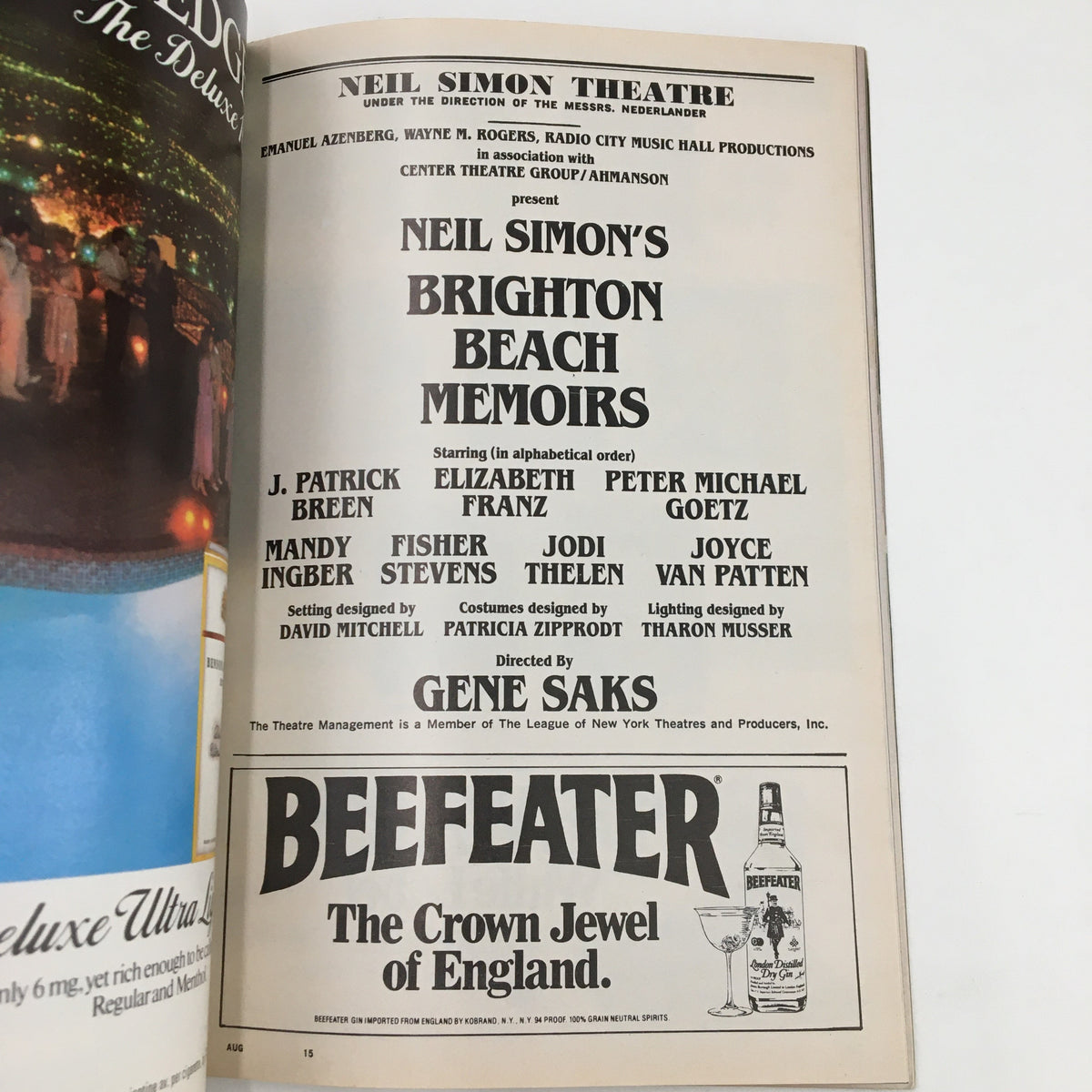 Inside page of the 1983 Playbill for Neil Simon's Brighton Beach Memoirs, featuring the cast including J. Patrick Breen, and details about the production.