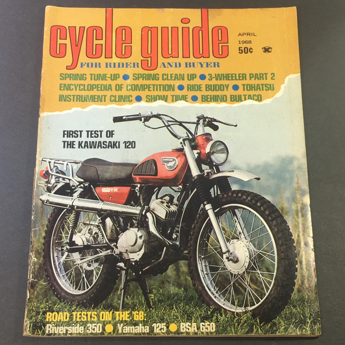 Cover of VTG Cycle Guide Magazine April 1968 featuring motorcycle tests of Riverside 350, Yamaha 125, and BSA 650, with an image of a Kawasaki 120 motorcycle on the front.