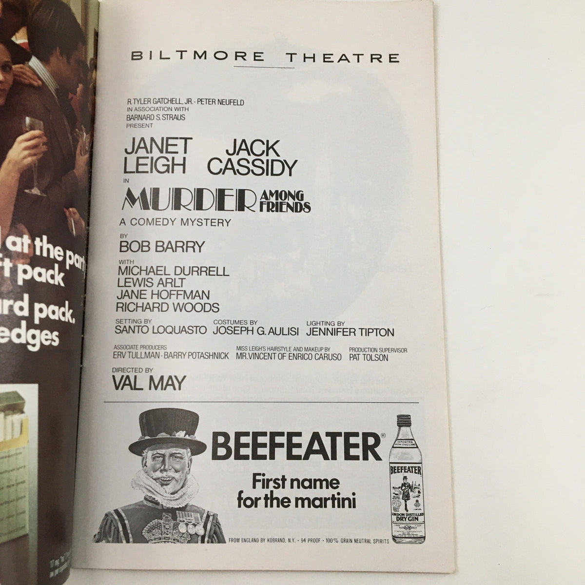 Back page of the 1975 Playbill Biltmore Theatre featuring Janet Leigh in Murder Among Friends, including cast details and advertisements.