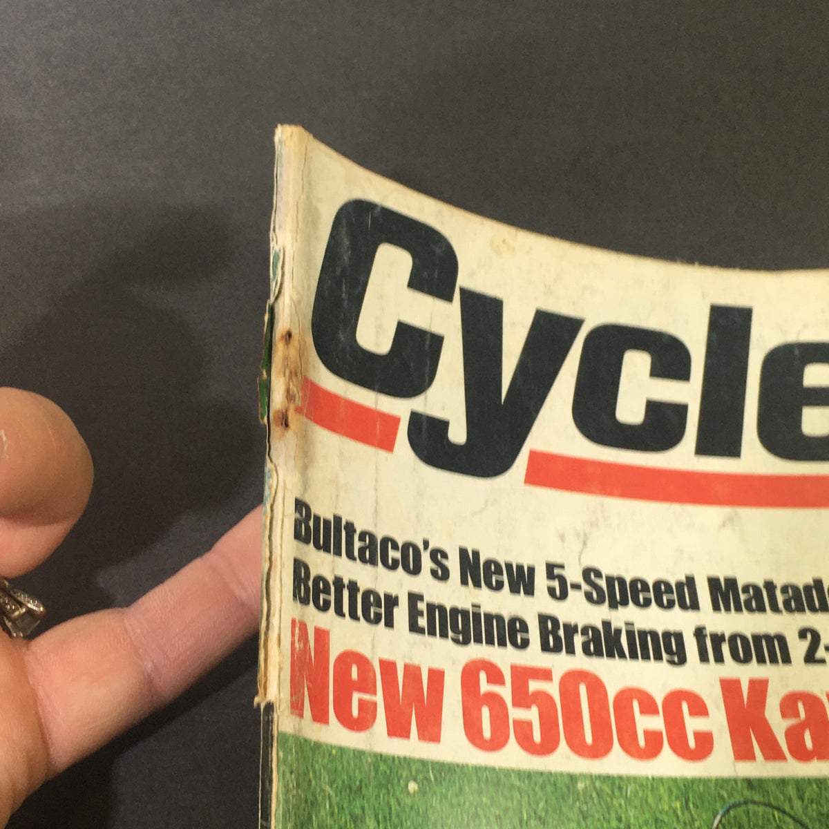 Close-up of the September 1968 issue of Cycle Magazine featuring a vintage Bultaco 5-Speed Matador and 650cc Kawasaki, showcasing the magazine's worn edges and historical details.