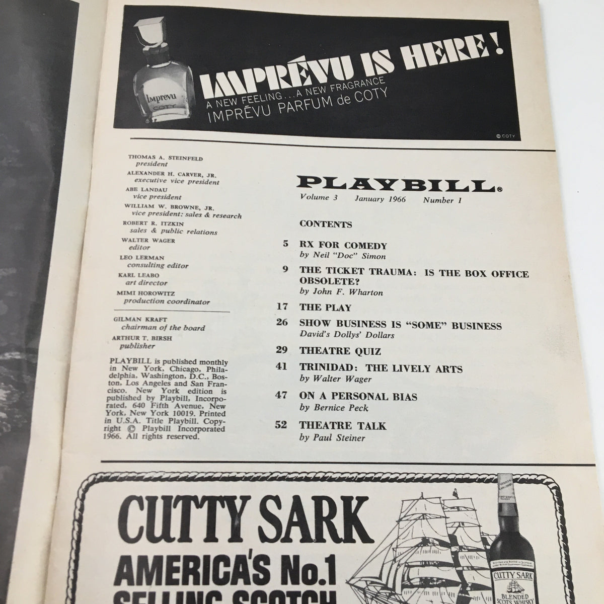 Contents page of the 1966 Playbill for You Can't Take It With You, listing articles and features including 'The Ticket Trauma: Is the Box Office Obsolete?'.