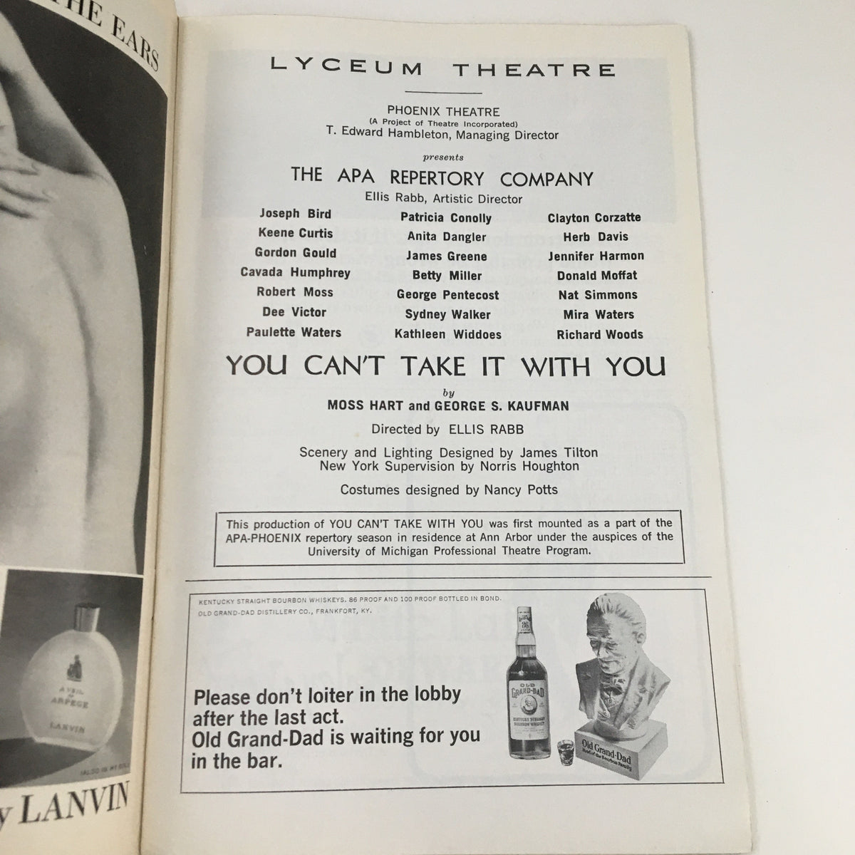 Production details page from the 1966 Playbill for You Can't Take It With You, presenting the cast and crew information for the Lyceum Theatre production.