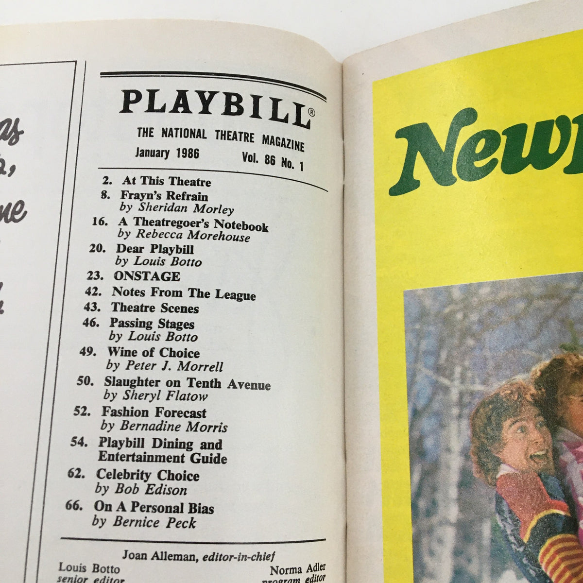 Interior page of the 1986 Playbill from The Booth Theatre, highlighting the index of articles including features on 'I'm Not Rappaport'.
