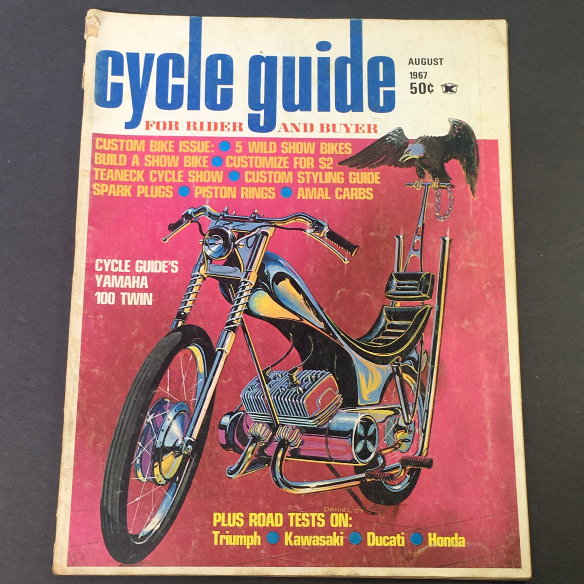 Cover of VTG Cycle Guide Magazine August 1967 featuring Yamaha 100 Twin and illustrations of motorcycle culture including custom bikes.