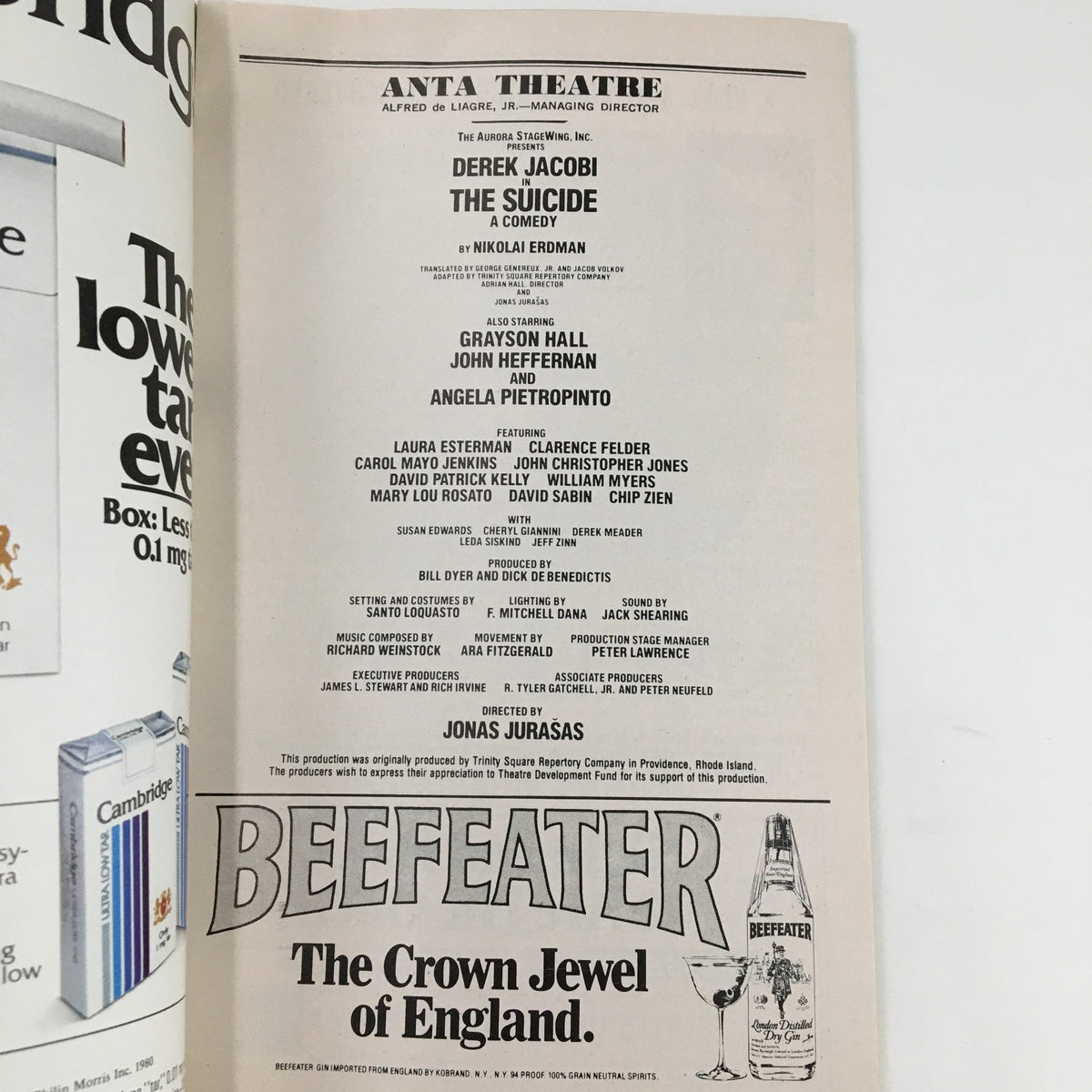 Interior page of the 1980 Playbill for Anta Theatre, featuring cast and production details of The Suicide, written by Jonas Jurasas.