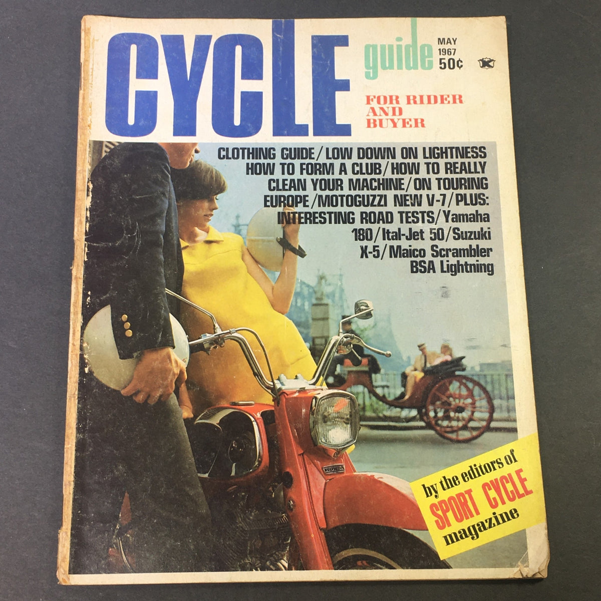 Cover of VTG Cycle Guide Magazine May 1967 featuring a stylish couple, a vintage motorcycle, and advertisements for iconic motorcycle tests including Yamaha 180 and Ital-Jet 50.