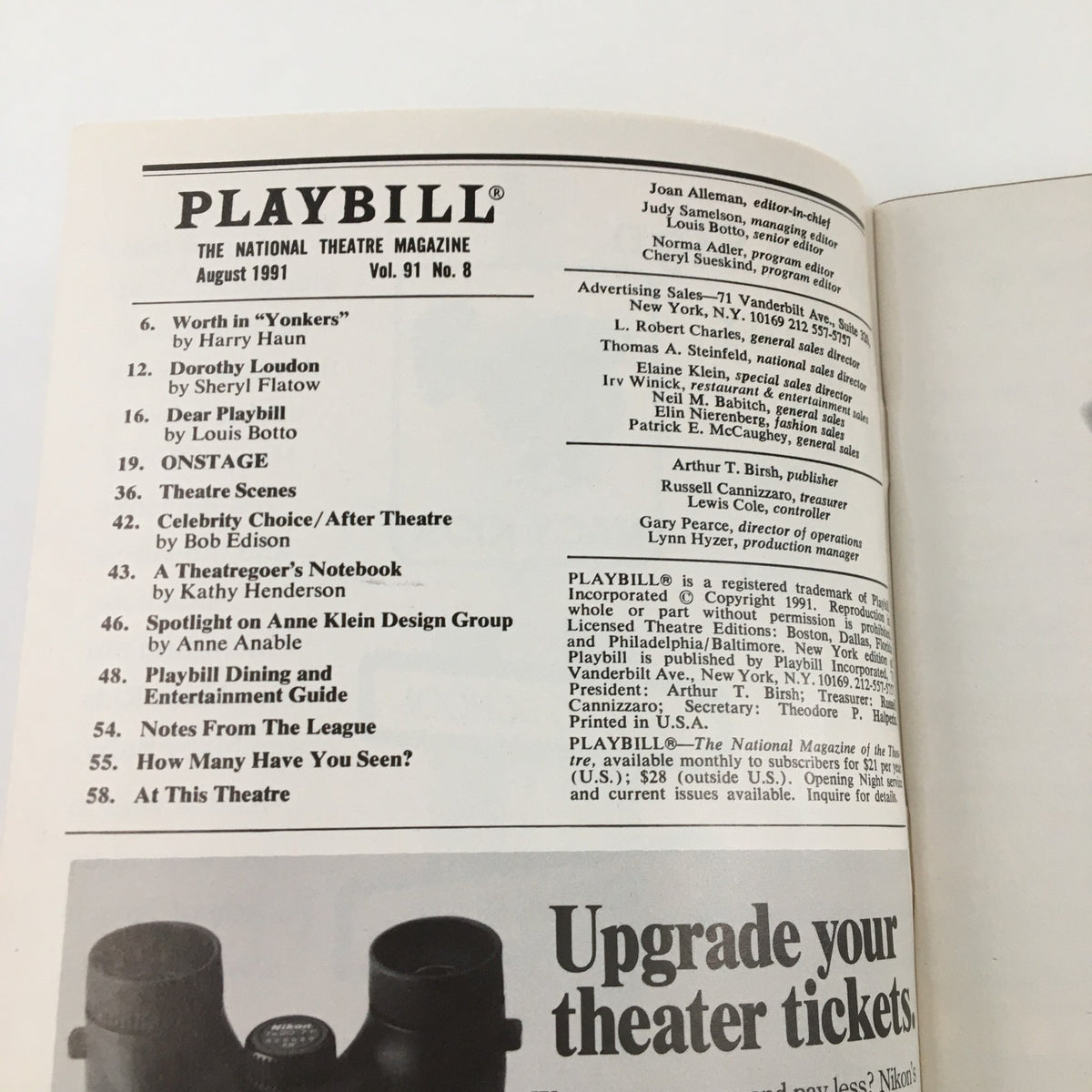 Inside view of the 1991 Playbill for City of Angels at the Virginia Theatre, highlighting articles and features from the August 1991 edition.