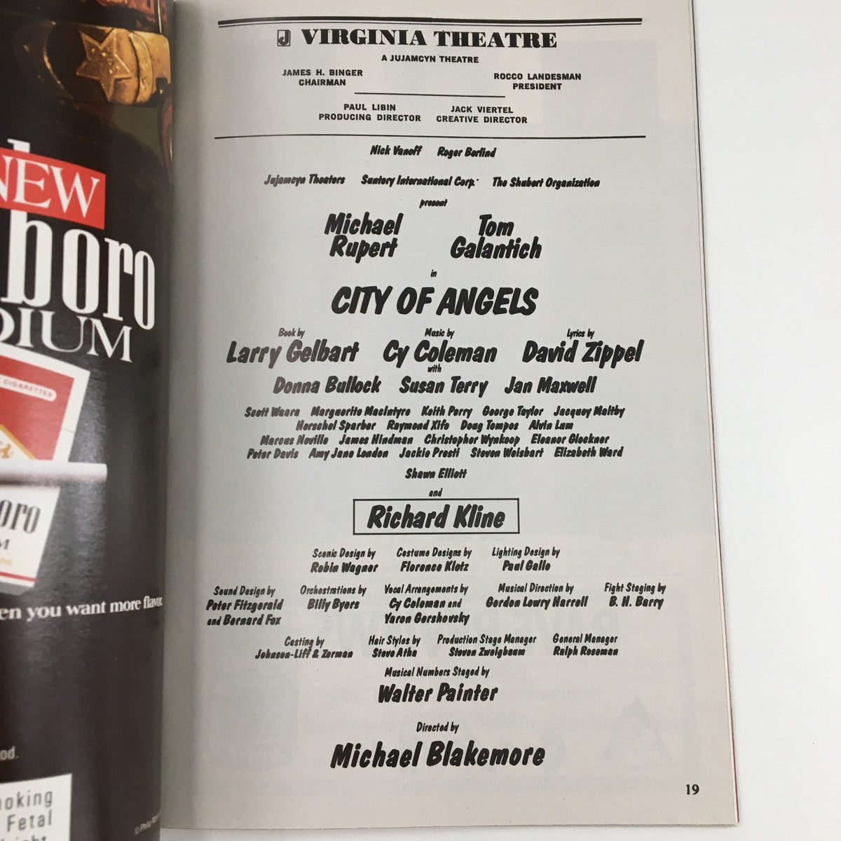 Page from the 1991 Playbill for City of Angels at the Virginia Theatre detailing the cast and creative team, including Michael Rupert and director Michael Blakemore.