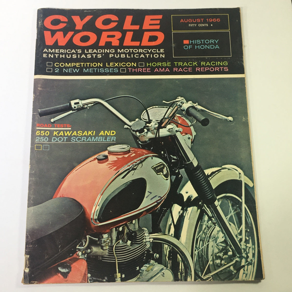 Cover of VTG Cycle World Magazine August 1966 featuring a motorcycle, highlighting road tests of the Kawasaki 650 and 250 Dot Scrambler.
