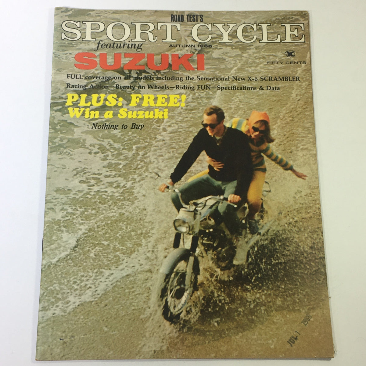 Cover of VTG Sport Cycle Magazine Autumn 1966 featuring Suzuki X-6 Scrambler with notable racing action scenes and promotional content.