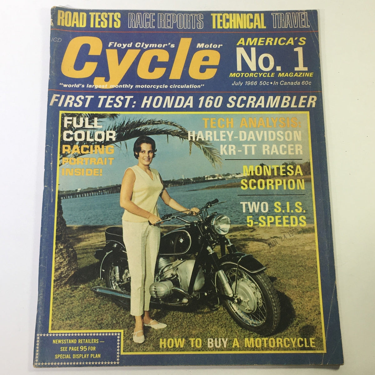 Cover of Floyd Clymer's Cycle Magazine from June 1966, featuring a Harley-Davidson KR-TT Racer test, with a woman posing with a motorcycle on a beach.