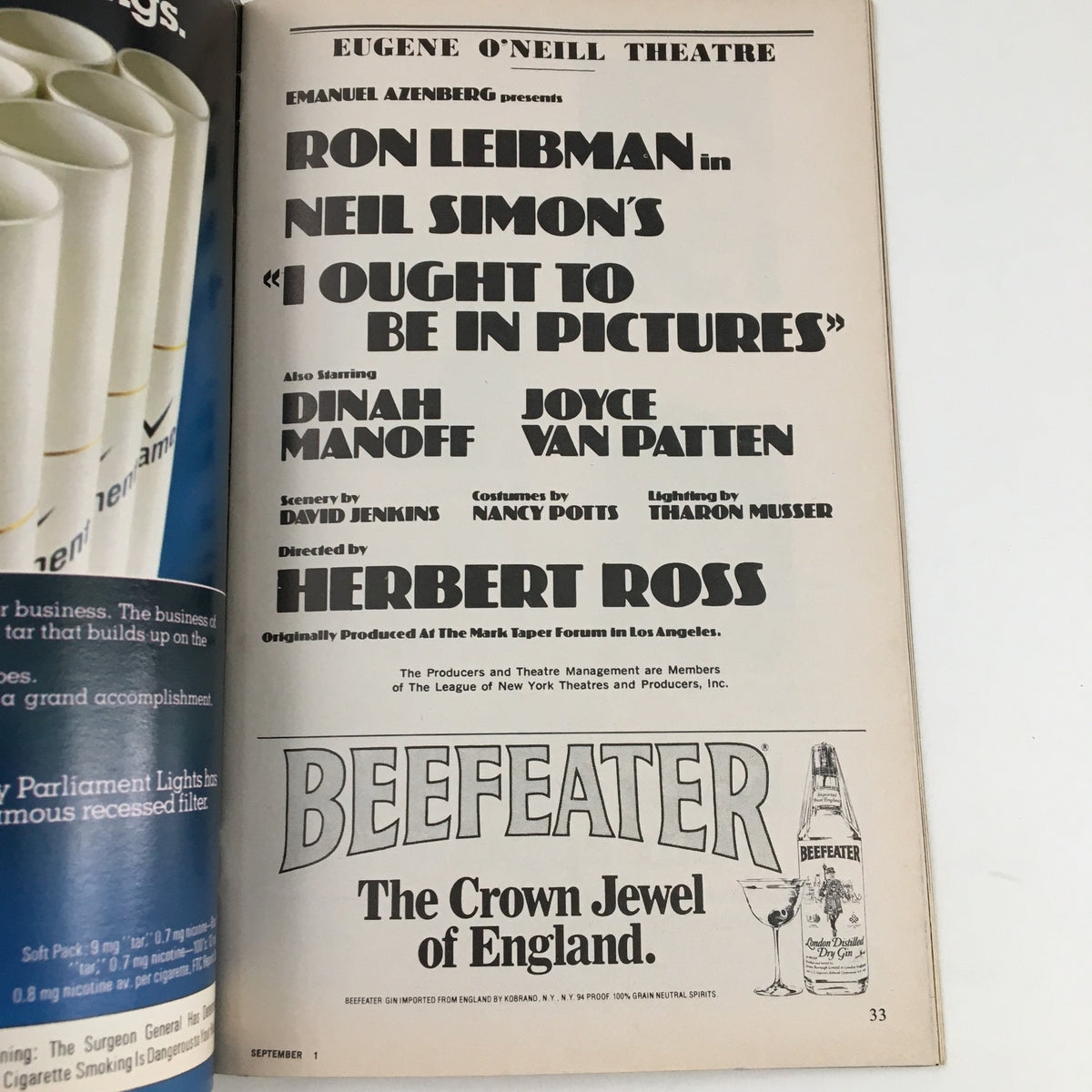 Advertisement page from the 1980 Playbill for the Eugene O'Neill Theatre featuring Ron Leibman in 'I Ought To Be In Pictures' along with cast credits and production details.