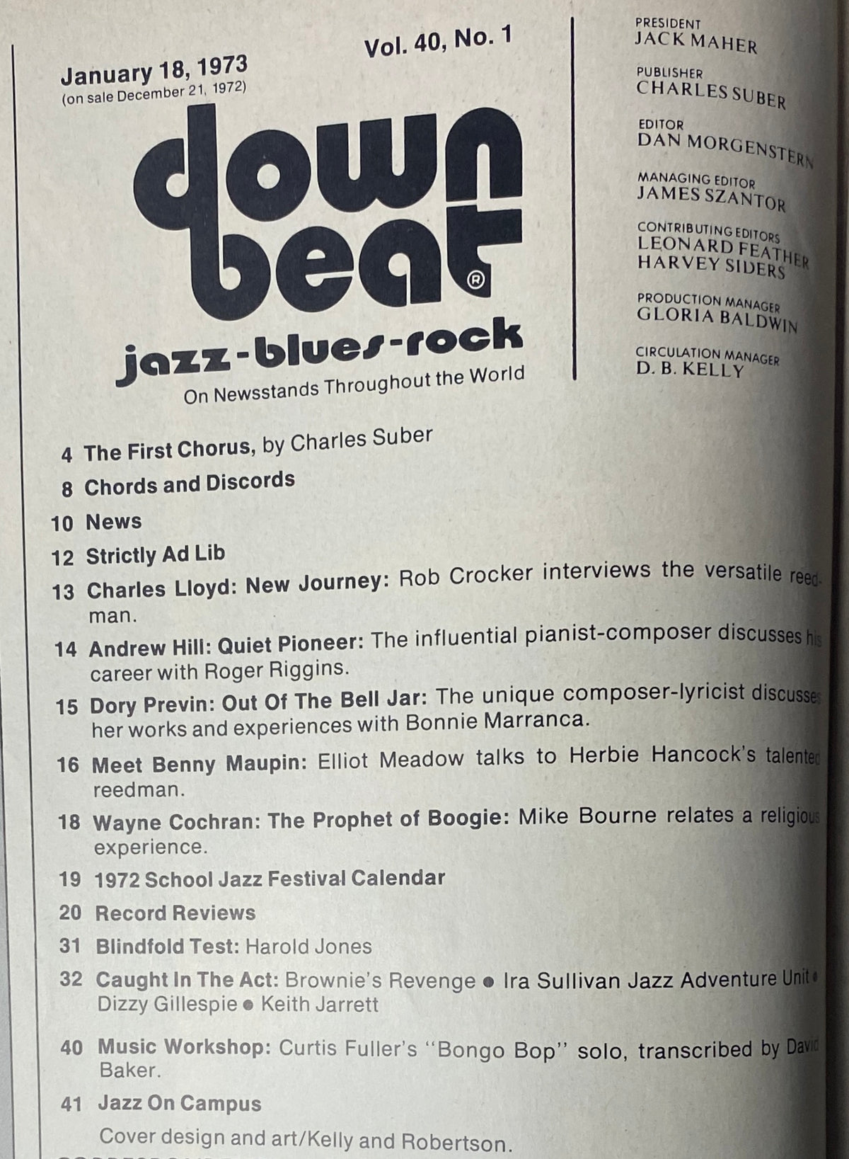 Inside page of Down Beat Magazine, January 18, 1973, Volume 40, Number 1 listing articles, including features on Charles Lloyd, Andrew Hill, Dory Previn, and Benny Maupin, along with news and record reviews.