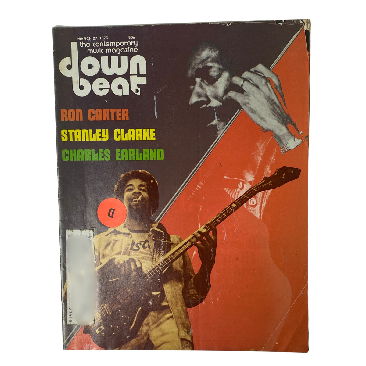 Cover of Down Beat Magazine, March 27, 1975, Vol. 42 No. 6 featuring Ron Carter, Stanley Clarke, and Charles Earland. The cover highlights jazz themes with a vibrant design.