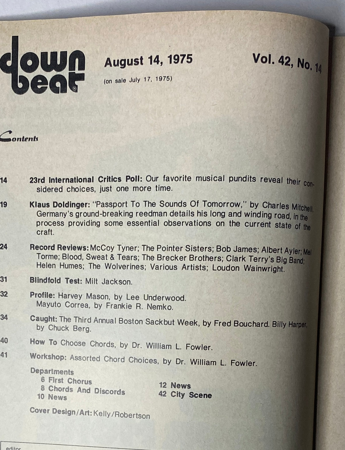 Down Beat Magazine August 14, 1975 Vol. 42 No. 14 featuring McCoy Tyner and Milt Jackson with articles on jazz, record reviews, and the 23rd International Critics Poll.