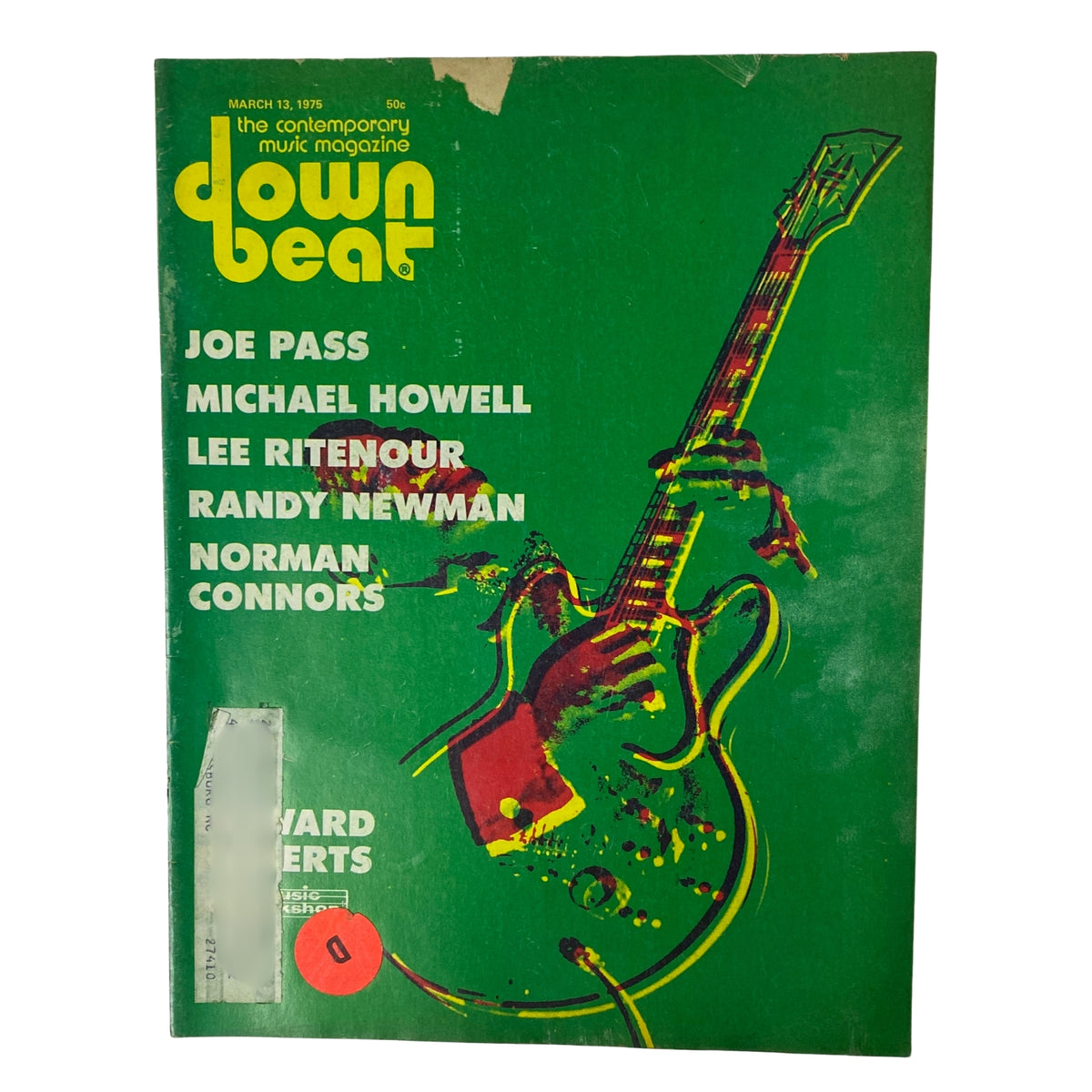 Cover of Down Beat Magazine, March 13, 1975, Vol 42 No 5, featuring Joe Pass, Michael Howell, Lee Ritenour, Randy Newman, and Norman Connors. The magazine highlights jazz and contemporary music with vibrant artwork.