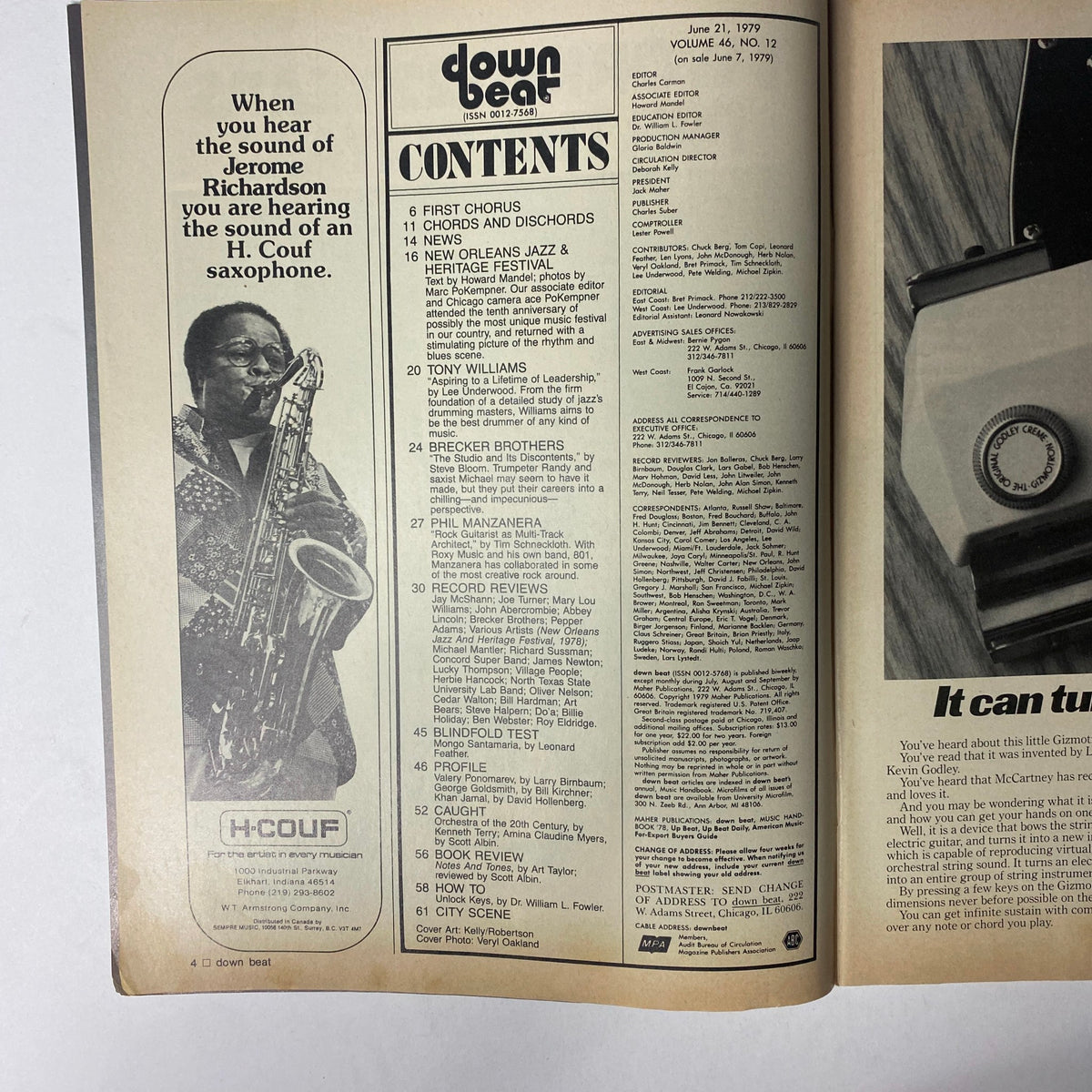 Inside page of Down Beat Magazine June 21, 1979 Vol 46 No. 12 showing the table of contents with features on Tony Williams, Brecker Brothers, and recording techniques by Phil Manzanera.